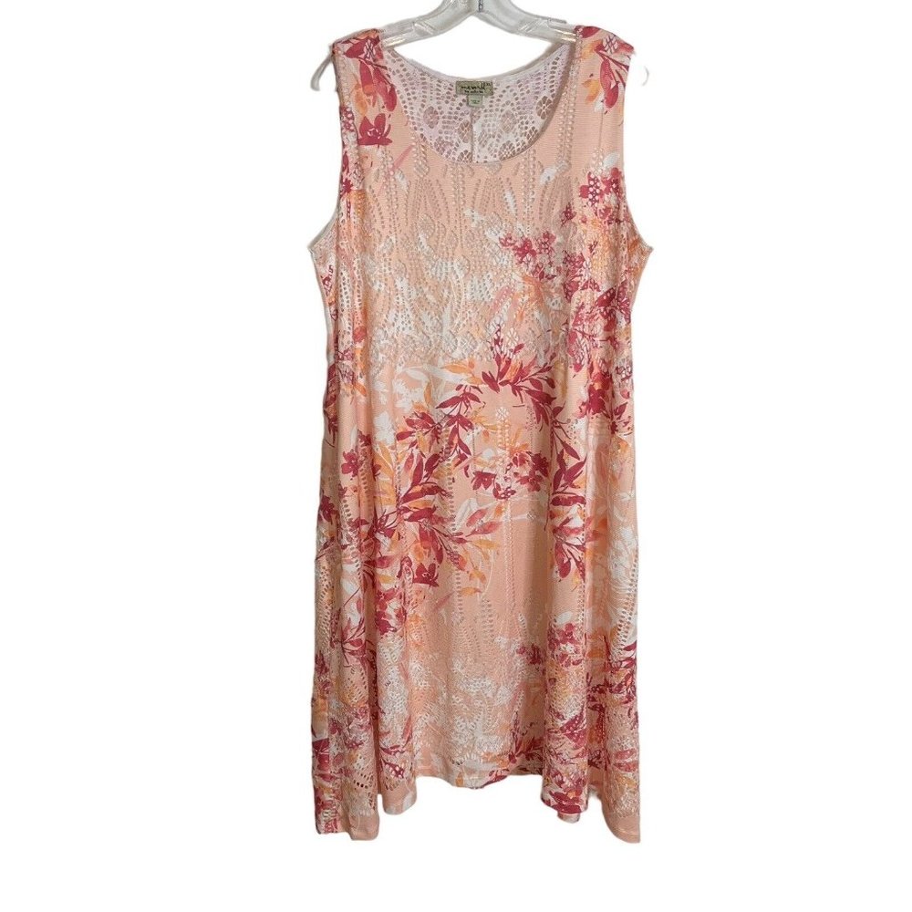 ONE WORLD Peach Floral Sleeveless Dress with Coral Accents